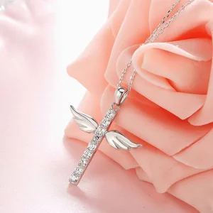 POLIVA Fashion Design Women 925 Sterling Silver Jewelry Pendants White Gold CZ Cross Angel Wings Pendant