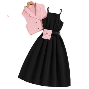 2026 Summer Fashion Big Kids Clothing Children Casual Sleeveless Short Top Long Slip Dress Two-piece Teenage Girls Clothes