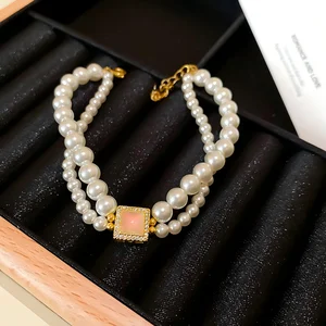 Double Layer Pearl Bracelet with Square Opal Zircon Accent Elegant Gold Plated Bracelet for Women Luxury Party Jewelry