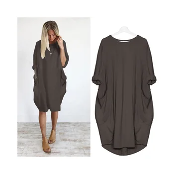 Factory direct sales support custom casual loose pocket long sleeved plus size dresses
