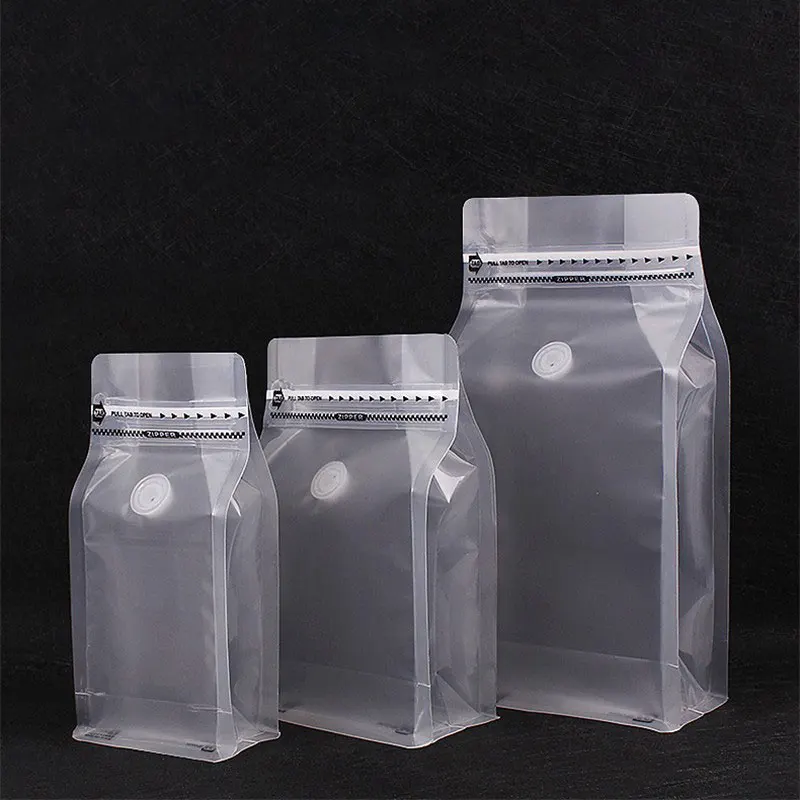 Custom Plastic Matte Frosted Transparent Clear Flat Bottom Translucent Coffee Bean Bags Packaging 250G With Valve and Zipper