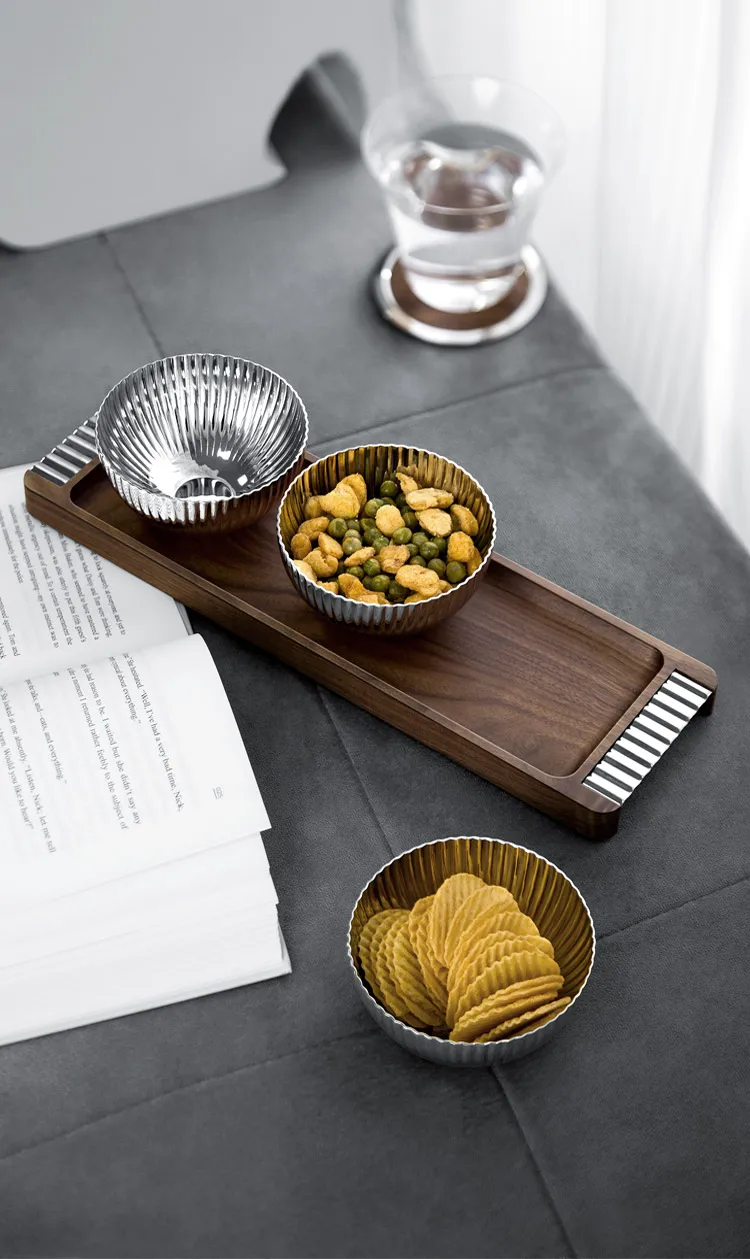 3 Pcs10cm Multipurpose Home Hotel Stainless Steel 304 Wooden Tray Dry Fruit Nut Serving Decorative Bowl Gift Set for Home Decor