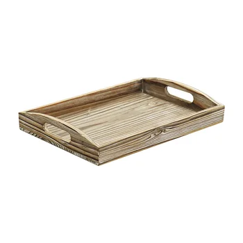 OEM ODM factory set restaurant large tea pizza acacia solid wood food wooden serving tray with metal handles