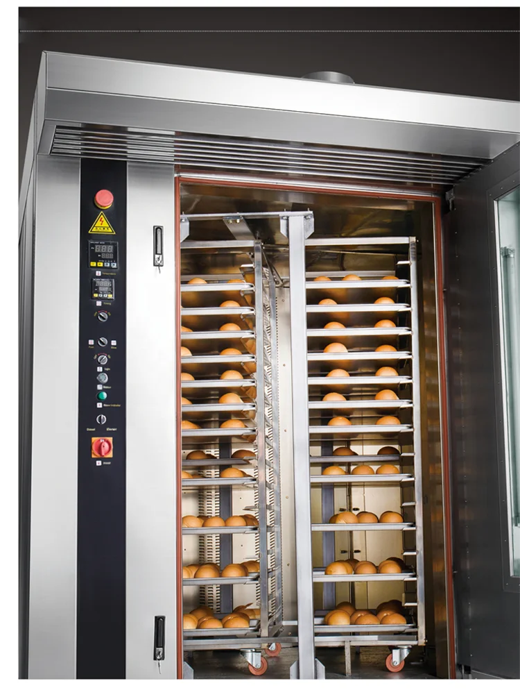 Factory Bread Bakery Machine Machine 32 Tray diesel Rotary Oven Rack Trolley Oven for Baking baguette Toast Croissant Round Bun