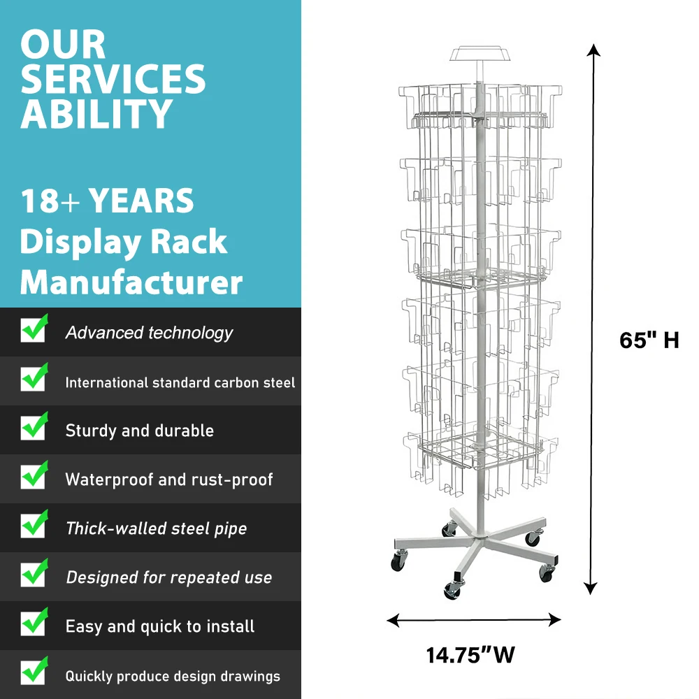 Wholesale Custom Floor Rotating Wire Greeting Card Display Stand Manufacturer Retail Gift Shop Postcard Rack with Wheels