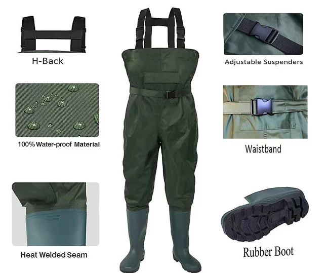 Waterproof Wader Boots Pvc rubber Fabric Fishing Chest Waders with Boots Strap Unisex Outdoor