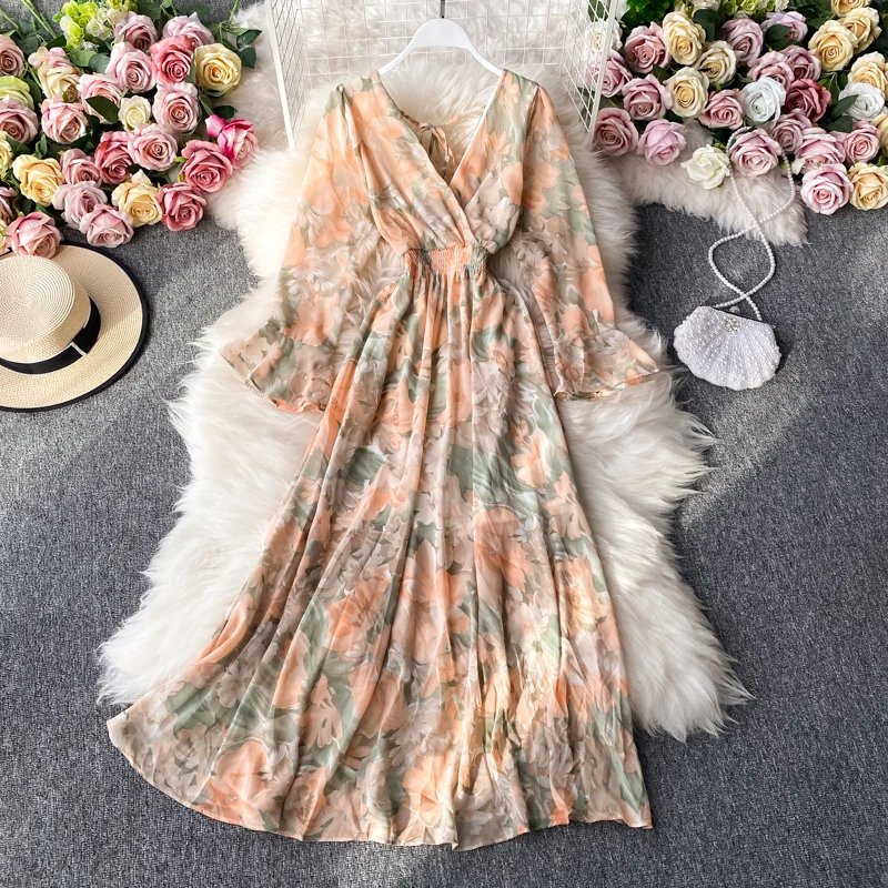 ANSZKTN New Korean Style Floral Print Long Sleeve Casual a Line V Neck  Dresses Women Lady Elegant