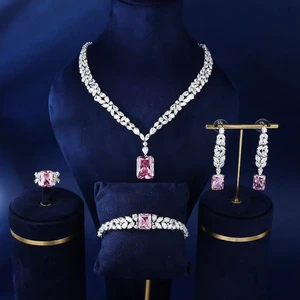 BrideTalk Luxury Fashion Necklace Set High-End Pink Zircon with Copper for Wedding and Party