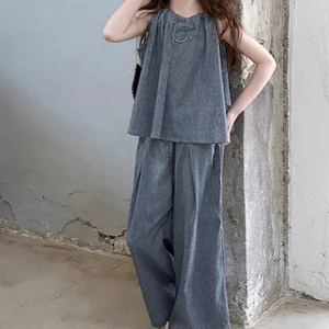 Wholesale Summer Cotton Linen Girl  Clothes Set Casual Sleeveless Gray Top Trousers Two-Piece Clothes Sets for Girls