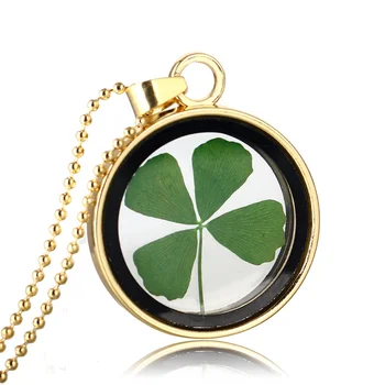 Lucky Green Color Necklace Real Dried Four Leaf Clover Flower Necklace Pendant Delicate Jewelry For Women