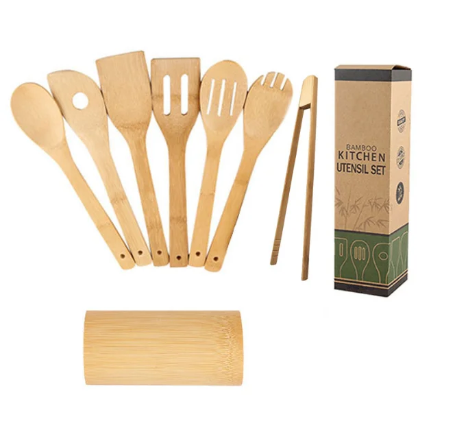 Bamboo Kitchen Utensils Set of 8 - Wooden Cooking Utensils for