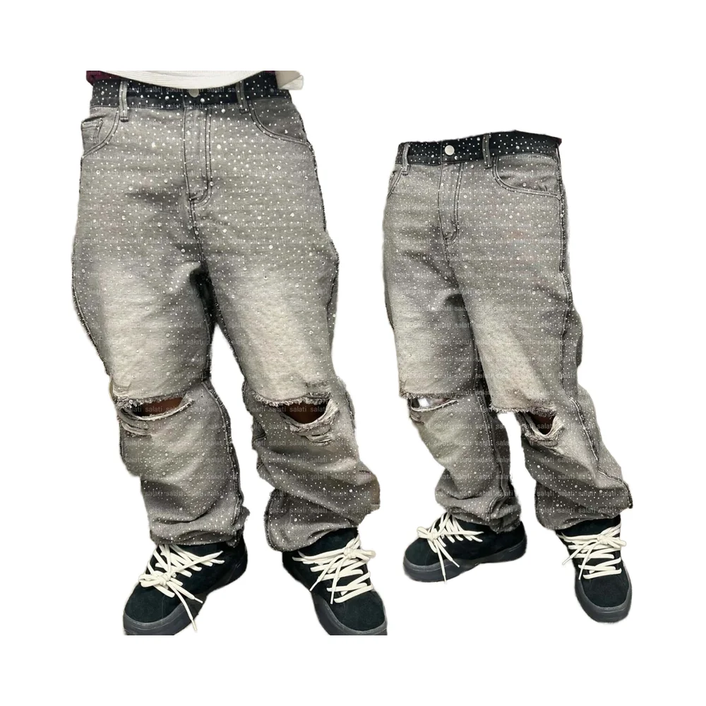 Salati Manufacturer Men's High Loose Glitter Print Ripped Bootcut Jeans Acid Wash Distressed Vintage Rhinestone Button Oversized