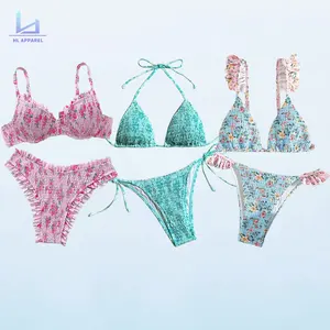 Huili Manufacturer Oem Lace Women's Swimwear Two Piece Ruched Detailing Beachwear Custom Design Floral Print Bikini Set