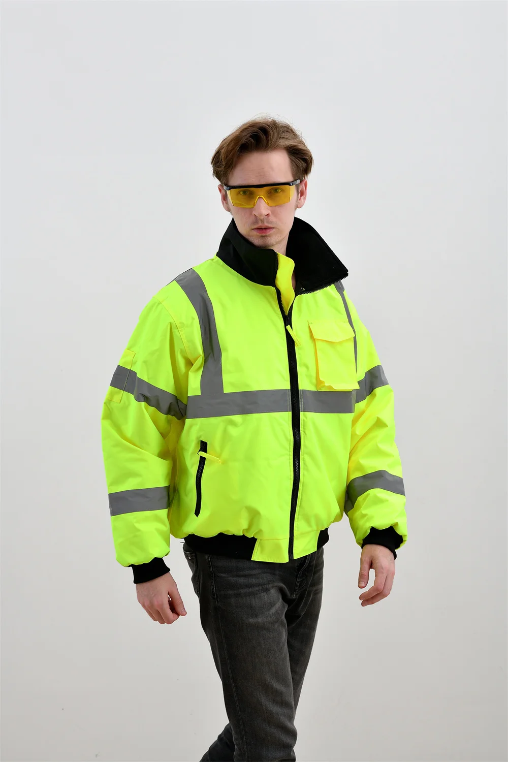 Construction Reflector Jackets Reflective Road Winter Bomber Safety Jackets  with Multiple Pockets