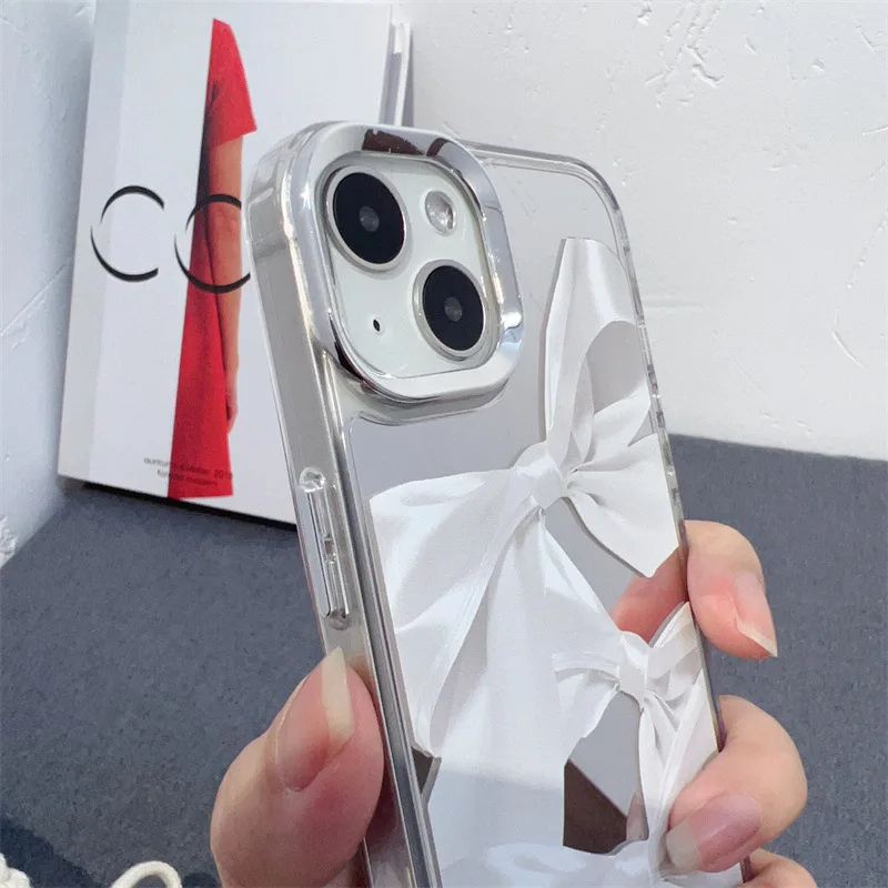 Luxury Case for iPhone 16 pro max Pearl Bow Plating Makeup Mirror Acrylic Design Fashion for Girls Women Cute manufacture