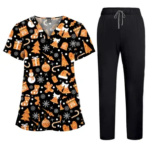 Printed Polyester Scrub Suit Set Thin Elastic Solid Color Straight-Leg Pants Hospital Spa Work Uniform Plus Size Fabric Scrubs