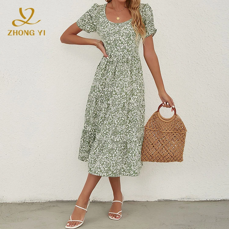 Custom 2024 Latest Design Summer Top Sell Short Sleeve Midi Dress Women Elegant Casual Floral Print Clothing Dresses