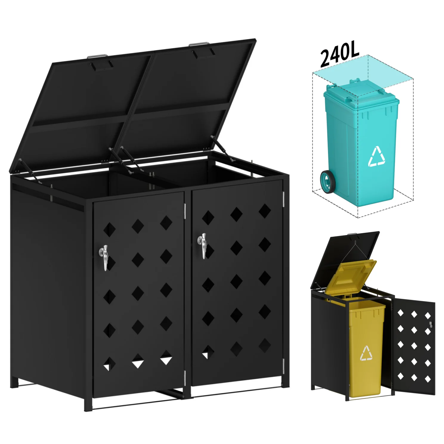 Triple Outdoor Bin Cabinets with Open Top Expandable Wheelie Bin Store European Outdoor Garden Garbage Can Box for 240L Dustbin