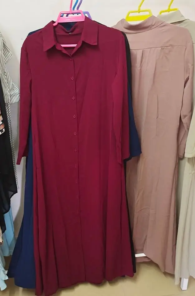 2022 New Style for Women Spring Autumn Shirt Dress Pure Color Long Sleeve Pocket Button Muslim Simple Loose Casual Long Dress