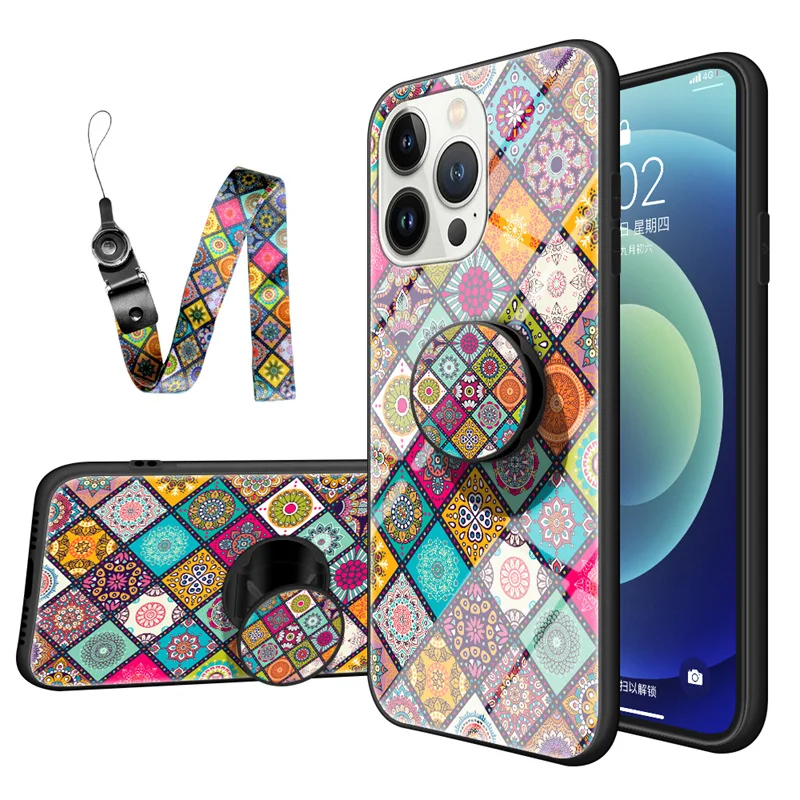 Retro Checkered Totem Floral Glass Hard Mobile Phone Case For iPhone11 12 13 14 15 Pro Max Plus with Kickstand and Lanyard