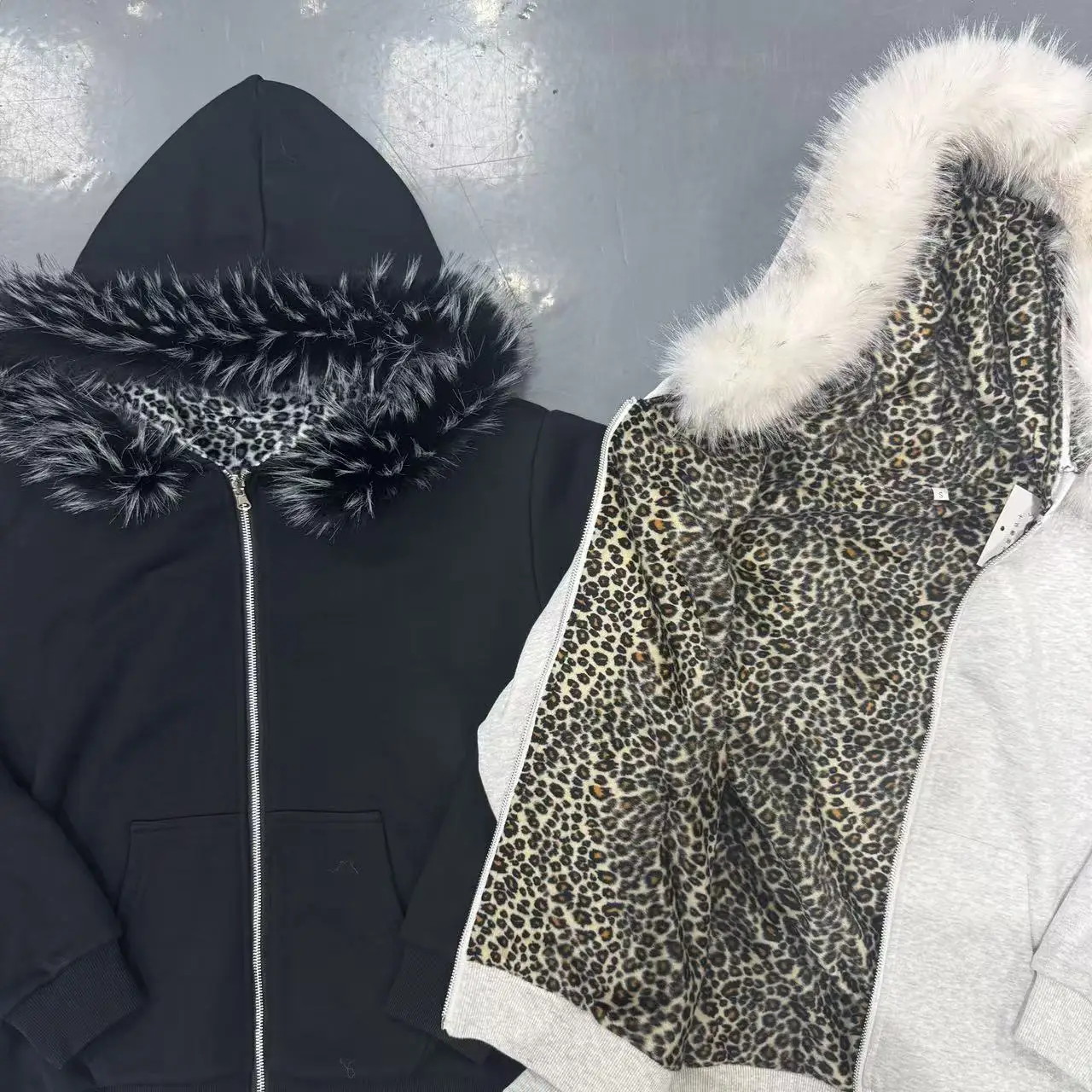 Custom Boxy French Terry Organic Cotton Double Zipper Blank Men's Vintage Zip up Hoodie With Faux Fur Detachable Faux Fur Hoodie gallery 4