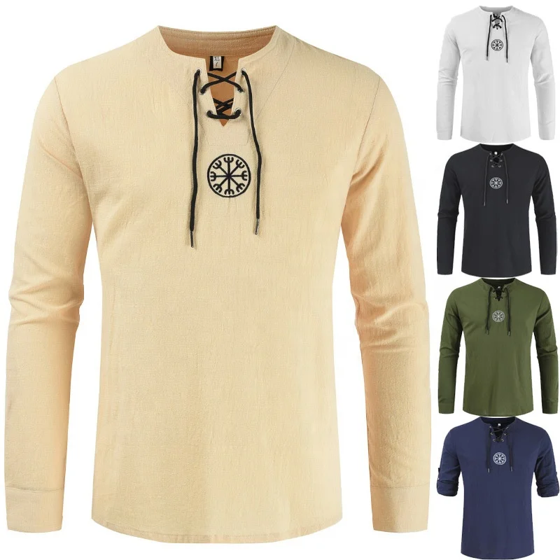 Mannen Katoen Lace Up Shirt Lange Mouw Casual Klassieke Ghillie Shirt Middeleeuws Piraat Kostuum, Donkerblauw, M
