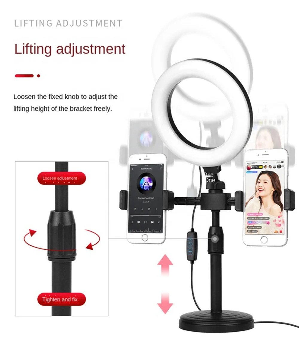6 Inch Mini Ring Light with Clip Clamp Mount Dual Mobile Phone Live Broadcast Stand Desktop Phone Holder