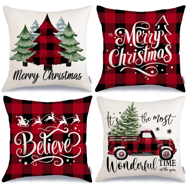GEEORY Merry Christmas 18x18 Inch Set of 4, Xmas Trees Truck Buffalo Plaid Believe Throw Pillow Cover Cushion Cases for Home