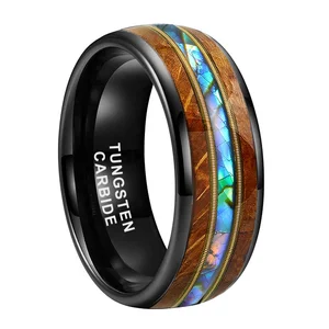 Coolstyle Jewelry 8mm Whisky Wood Guitar String Shell Inlay Black Tungsten Ring for Men Women Fashion Engagement Wedding Band