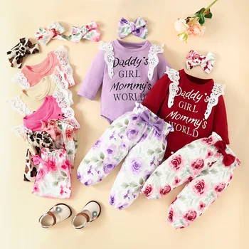 Baby Girls Clothes Fall/Winter Girl Infant Newborn Outfits Long Sleeve Lace Ruffle Romper Pants Headband Set