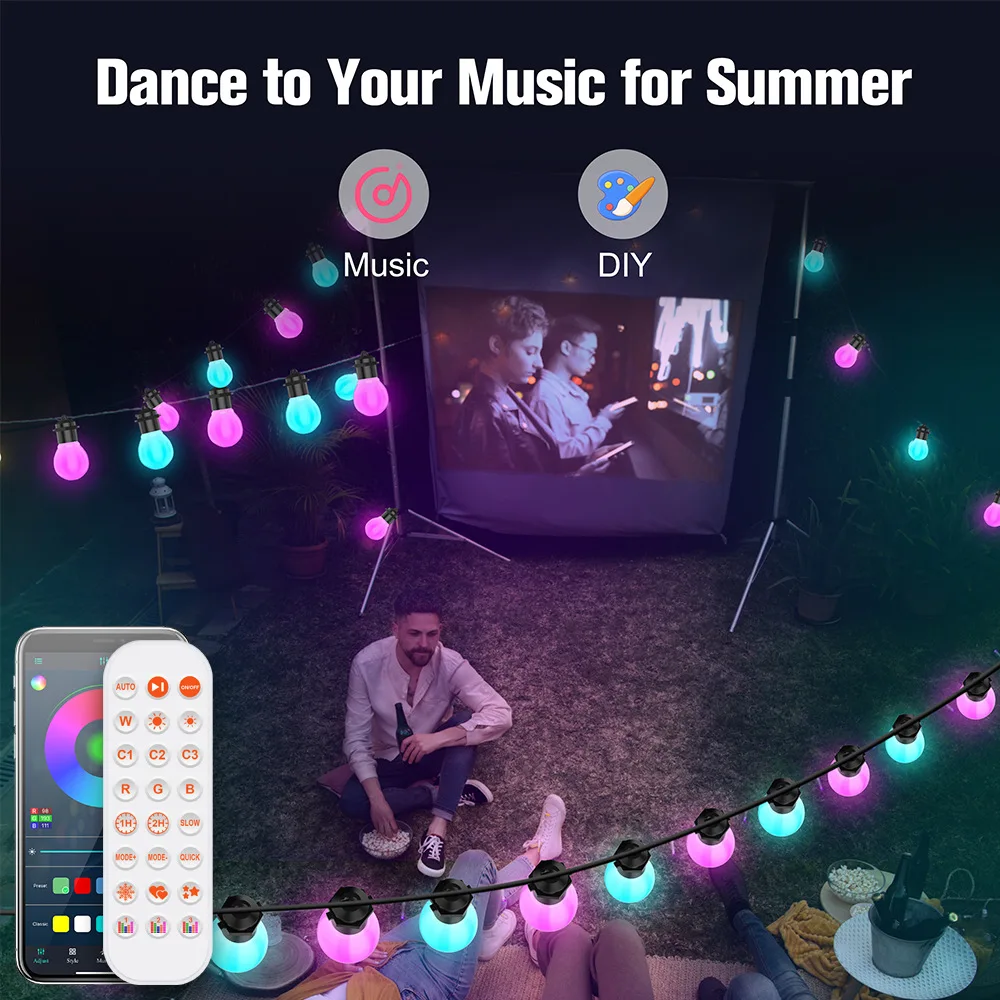Tuya Wifi RGBIC Smart Outdoor String Lights IP65 Waterproof Shatterproof Plastic G50 Bulb Hanging Decorative Party Led Lights