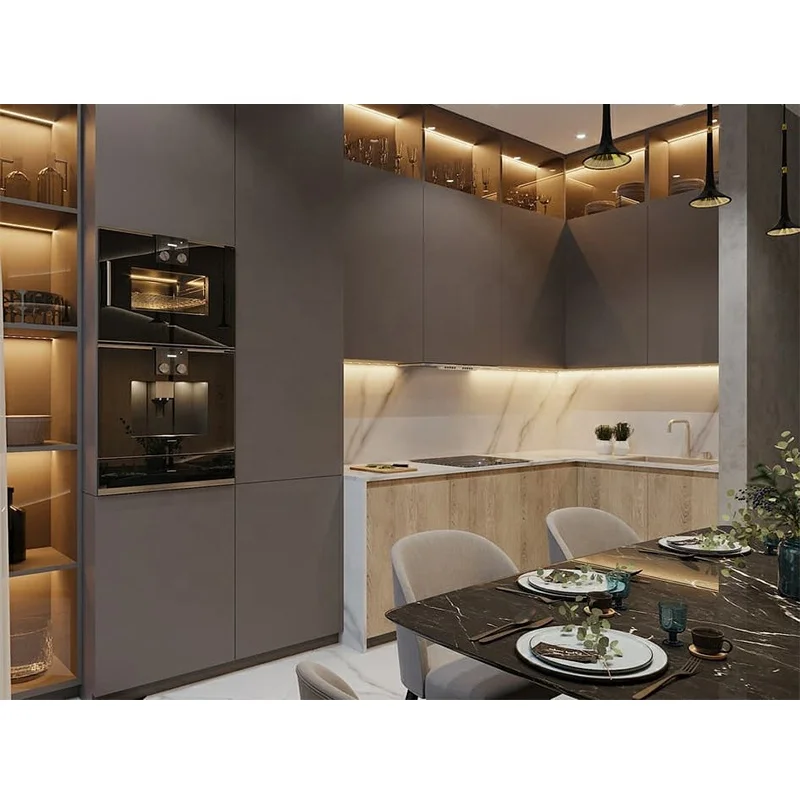 Italian Small Pull Down Mini Moduler Metallic Lacquered Brown Fiberglass Kitchen Cabinet Modern Kitchen Designs