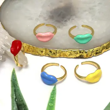 Hot sale fashion colorful enamel plated brass jewelry ring lip simple design finger rings for women