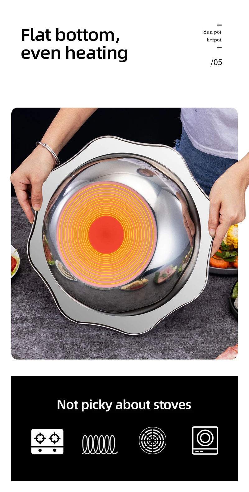 On Sales Promotion Gift Good Price Sun Shape Stainless Steel 0.8mm Family Shabu Shabu Hot Pot Soup Casserole Cooking Hotpot