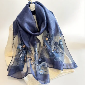Fashion 192*70Cm Lightweight Shawls Luxury Wraps Imitation Silk Shawl Embroidery Floral Organza Hijab Scarf Women