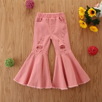 Boutique Children's Baby Girls Jean Trousers kids Bell Bottoms Ruffled Trousers can add any logo customized with small moq