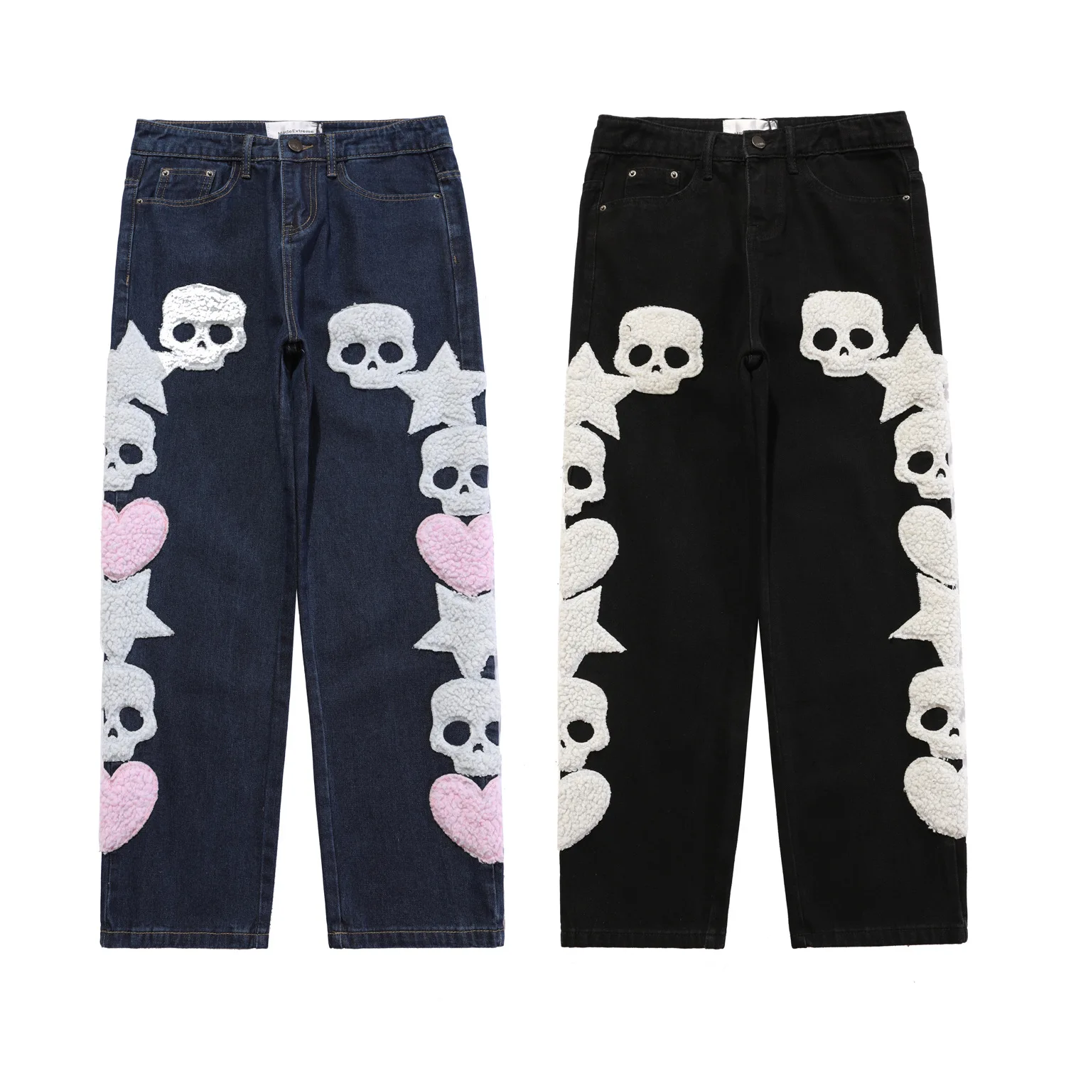 Hip Pop Skeleton Chenille Embroidery Casual Custom Denim Pants Fabric Male Denim Jeans Man Men's Jeans Men