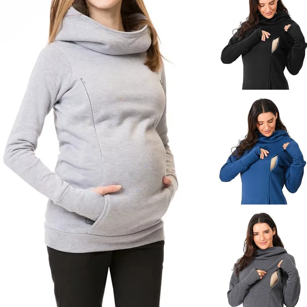 Maternity Hoodie Women Hoodies Nursing Sweater Long Hoodie Sleeve Clothing Pregnant Hoodie Sweatshirt Breastfeeding Nursing Patch Top Solid Color Round Neck Slim