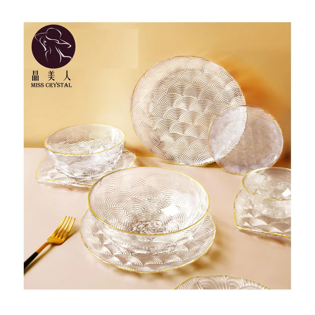 Classical Style Colourful Glass Round Plate with Gold Rim Glass Square Shape Plate for Party