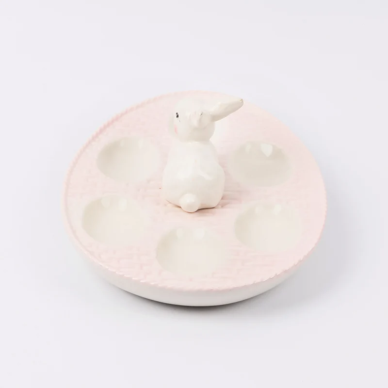 Easter Rabbit Ceramic 6 Compartment Egg Holder Plate Carrier Deviled Egg Serving Plate Tray