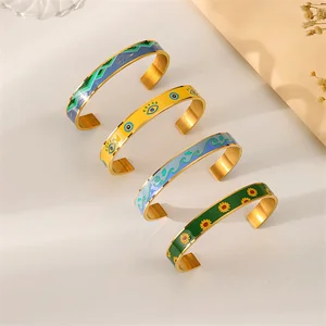 Wholesale Emaille Bijoux Adjustable Custom Colorful Charm Cuff Bracelets Stainless Steel Enamel Cuff Bangle Jewelry