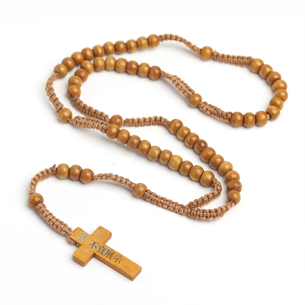 Wholesale Natural Wooden Beads Rosary Necklace Hand-Woven Cross