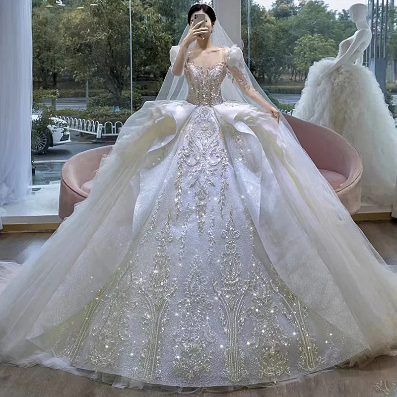 Traditional Wedding Ball Gown With Long Trailing Exquisite Hand Beaded ...