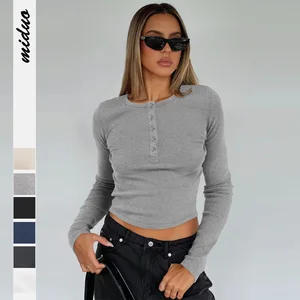 Y2K T-shirt Woman Ribbed T Shirt Button Slim Fit Long Sleeved Knitted Shirt Spicy Girl Tee Top for Summer