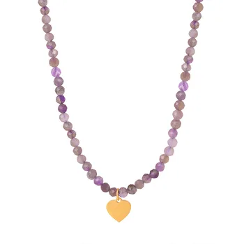 Natural Amethyst Bead Necklace Heart Pendant Healing Crystal Trendy ...