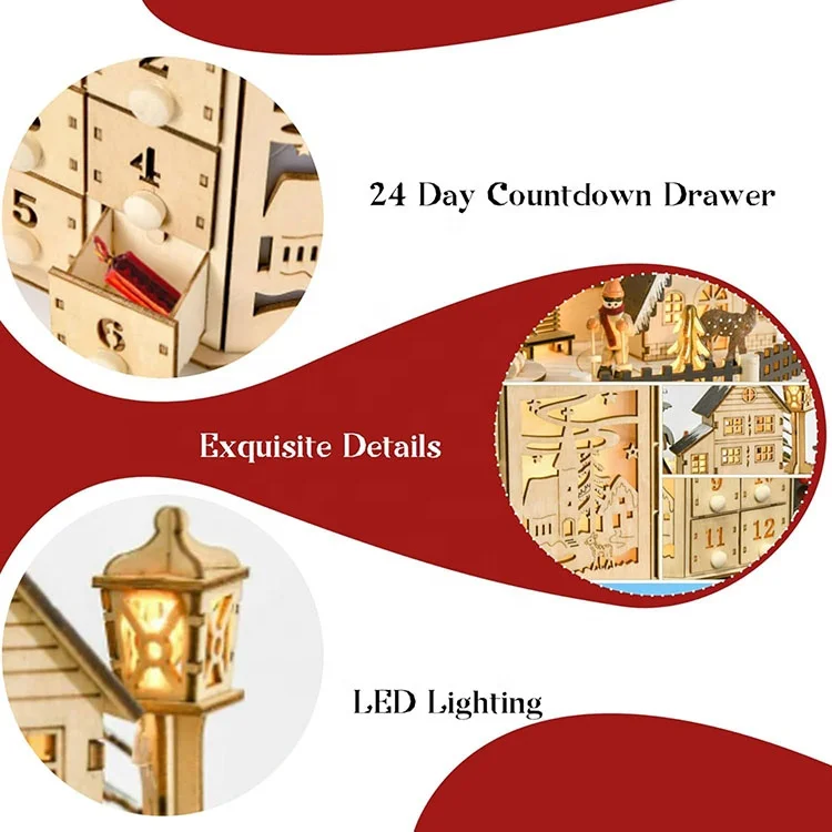 伝統的な木製アドベントカレンダー 24引き出し LED付きクリスマス