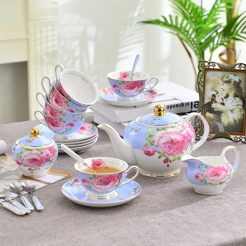 Custom Luxury Pink Color Floral Turkish Tea Cup Saucer Sets,Fine 5 Pcs Porcelain Tea Set Tea Pot Set