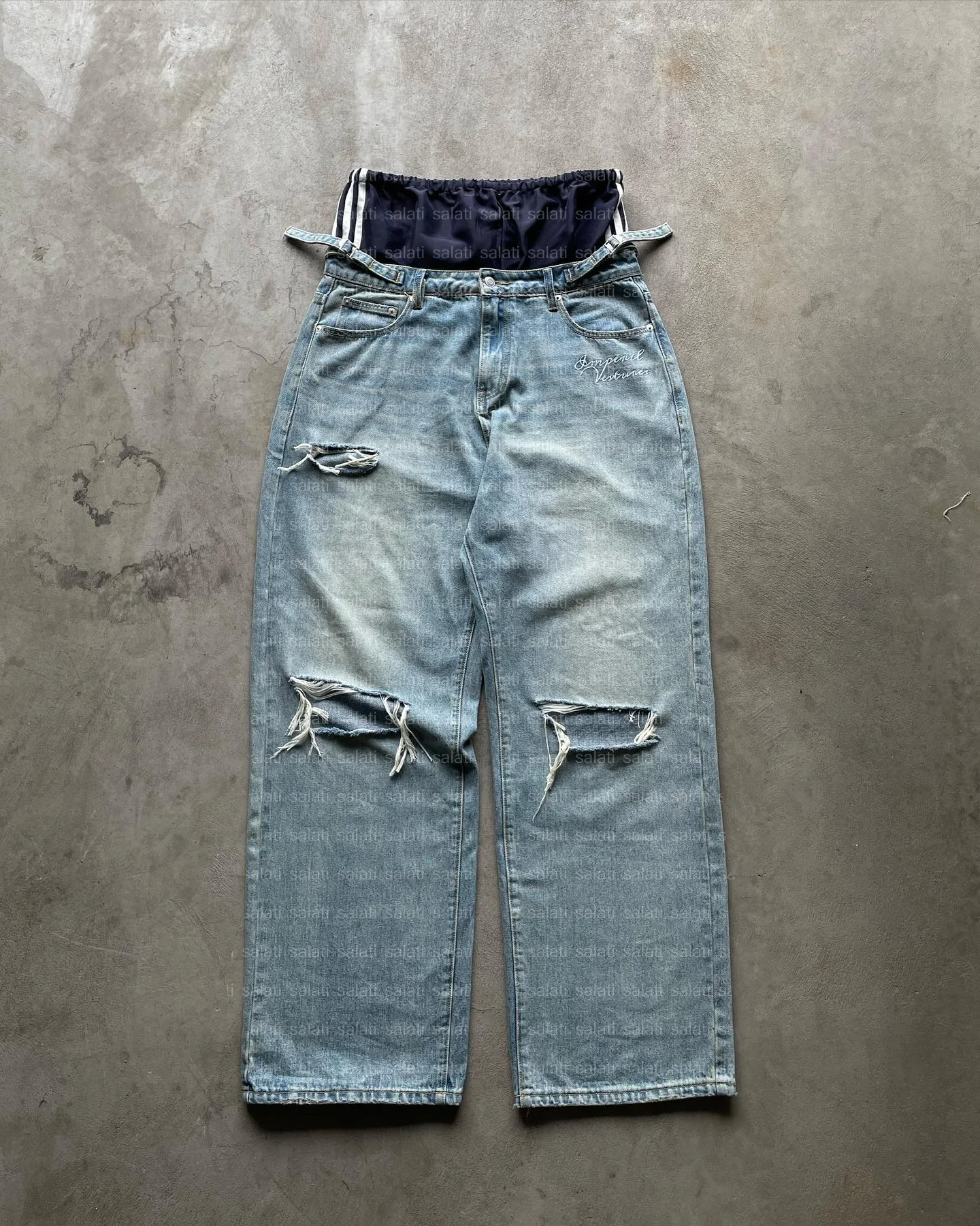 Custom Designer High Waist Wide Blue Skater Oversized Double Waist Ripped Distressed Vintage Acid Washed Baggy Denim Jeans Men gallery 7