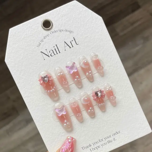 High Quality Custom Hot Selling Medium and Long Solid Color Wave Pearl Moon Bowknot Press On False Nails Acrylic False Nails