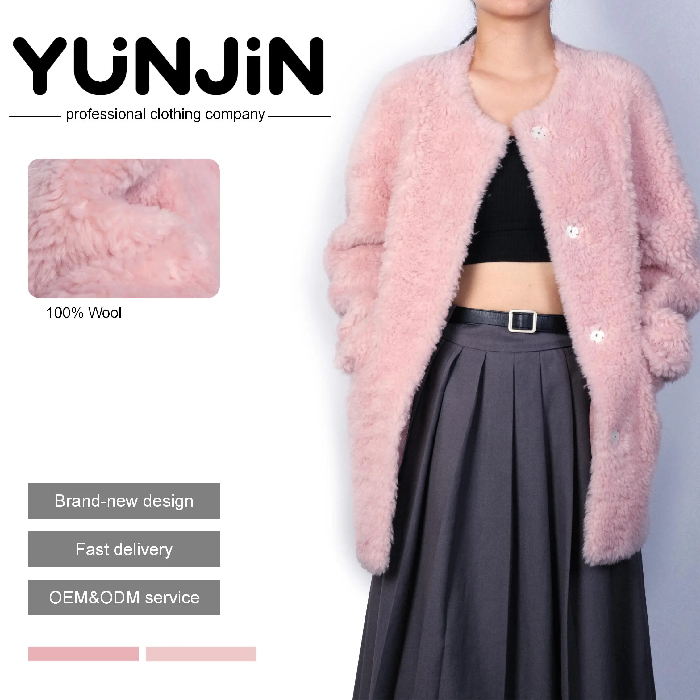 YUNJIN Women's Pink Winter Fluffy Real Wool Coat